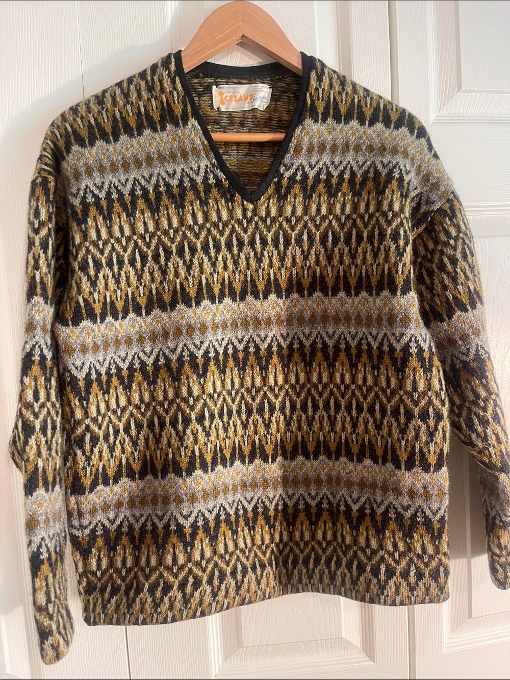 Vintage Iceland Lambswool V-Neck Sweater in Mustard, Gray & Black Fair Isle